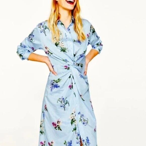 Zara Woman Blue White Pinstripe Floral Twist Knot Midi Cotton Shirt Dress Sz XS - Picture 5 of 14